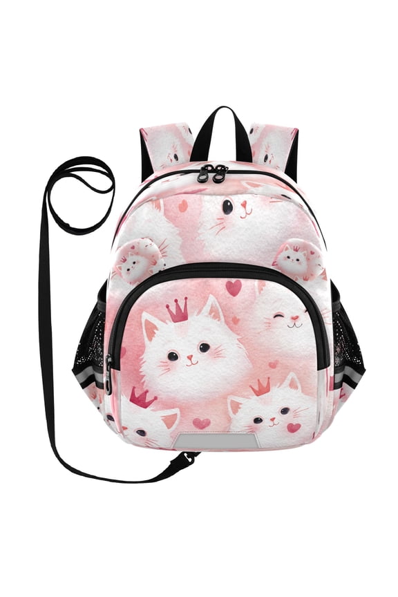 Adorable Ear-Print Backpack with Reflective Strip and Anti-Lost Leash Adjustable Shoulder Straps Mini Travel Backpack Adorable White Cat Faces