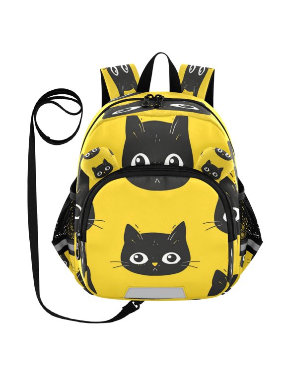 Adorable Ear-Print Backpack with Reflective Strip and Anti-Lost Leash Adjustable Shoulder Straps Mini Travel Backpack Black Cat