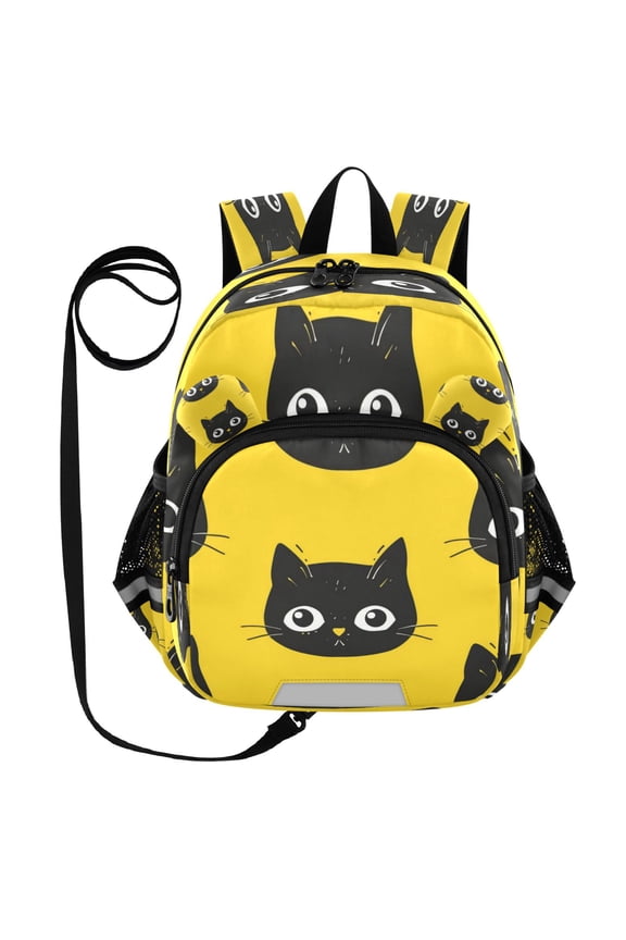Adorable Ear-Print Backpack with Reflective Strip and Anti-Lost Leash Adjustable Shoulder Straps Mini Travel Backpack Black Cat