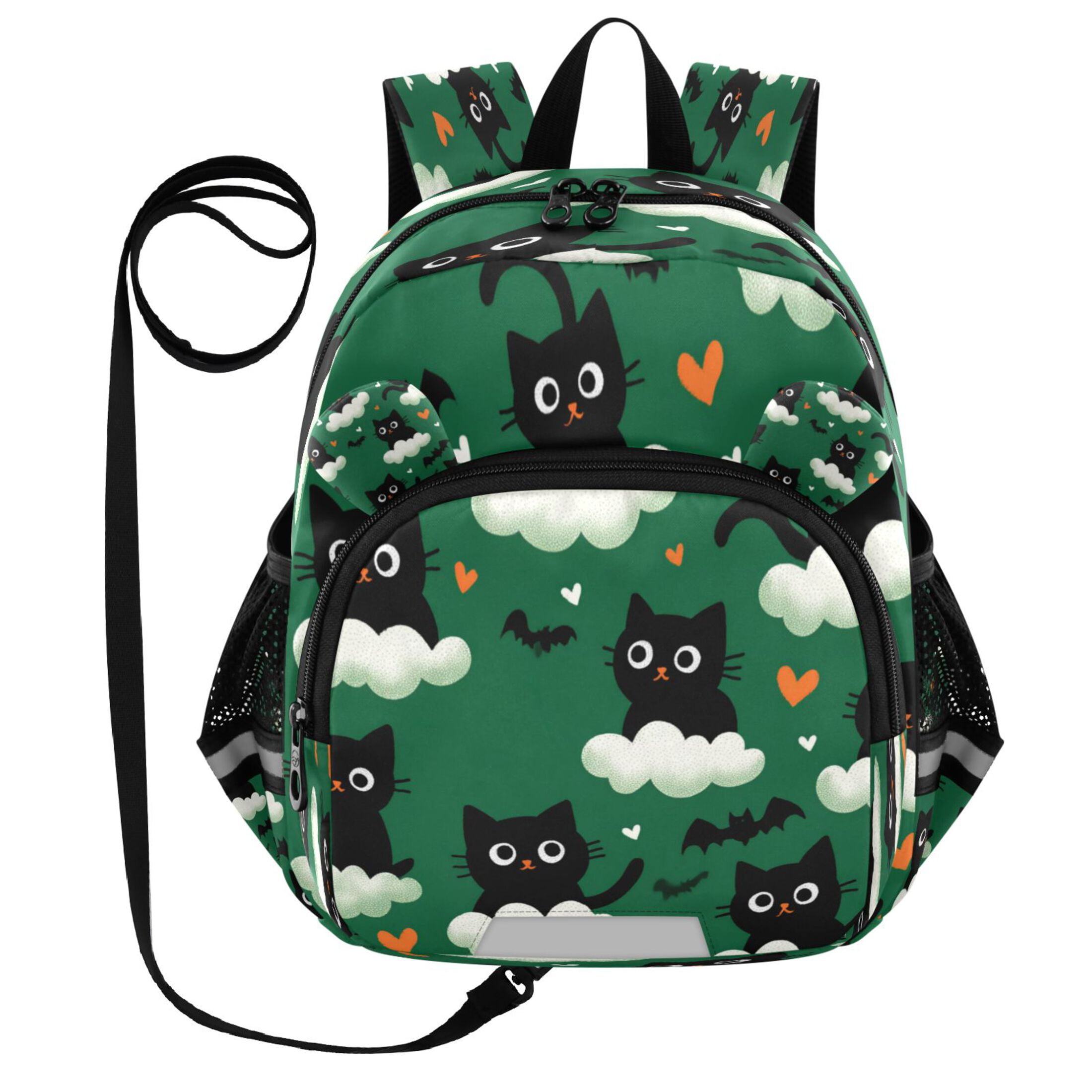 RMDQTR Adorable Ear-Print Backpack with Reflective Strip and Anti-Lost Leash Adjustable Shoulder Straps Mini Travel Backpack Black Cats and Bats