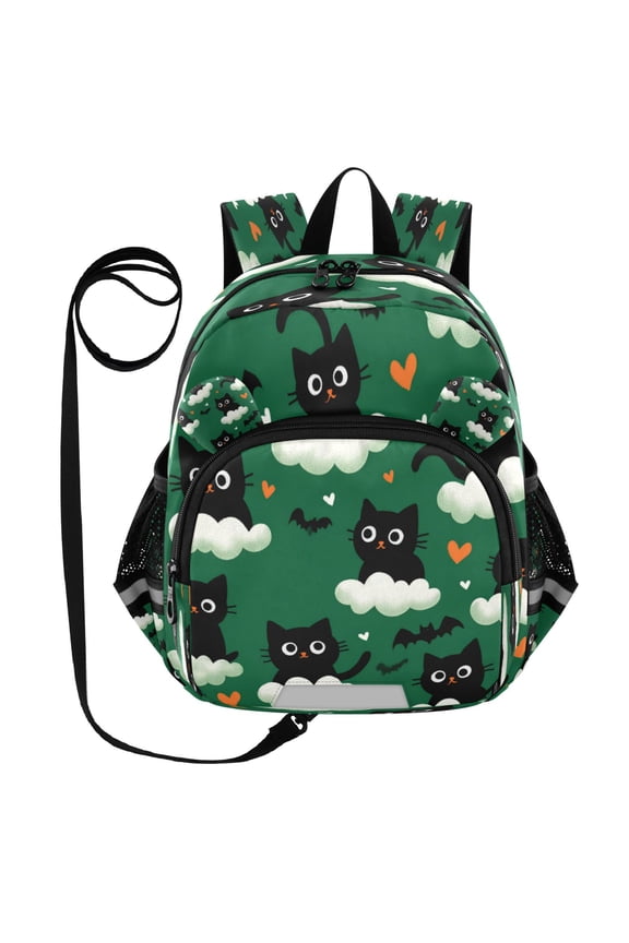 Adorable Ear-Print Backpack with Reflective Strip and Anti-Lost Leash Adjustable Shoulder Straps Mini Travel Backpack Black Cats and Bats
