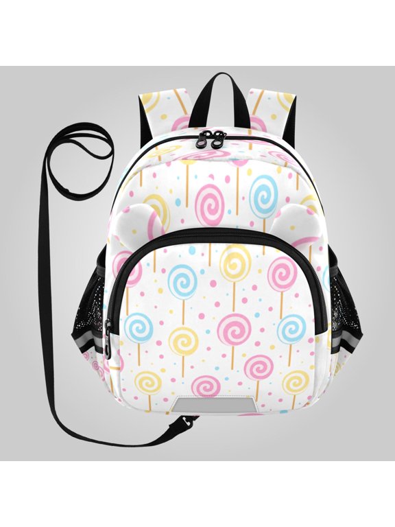 Adorable Ear-Print Backpack with Reflective Strip and Anti-Lost Leash Adjustable Shoulder Straps Mini Travel Backpack Candy Lollipop Pattern
