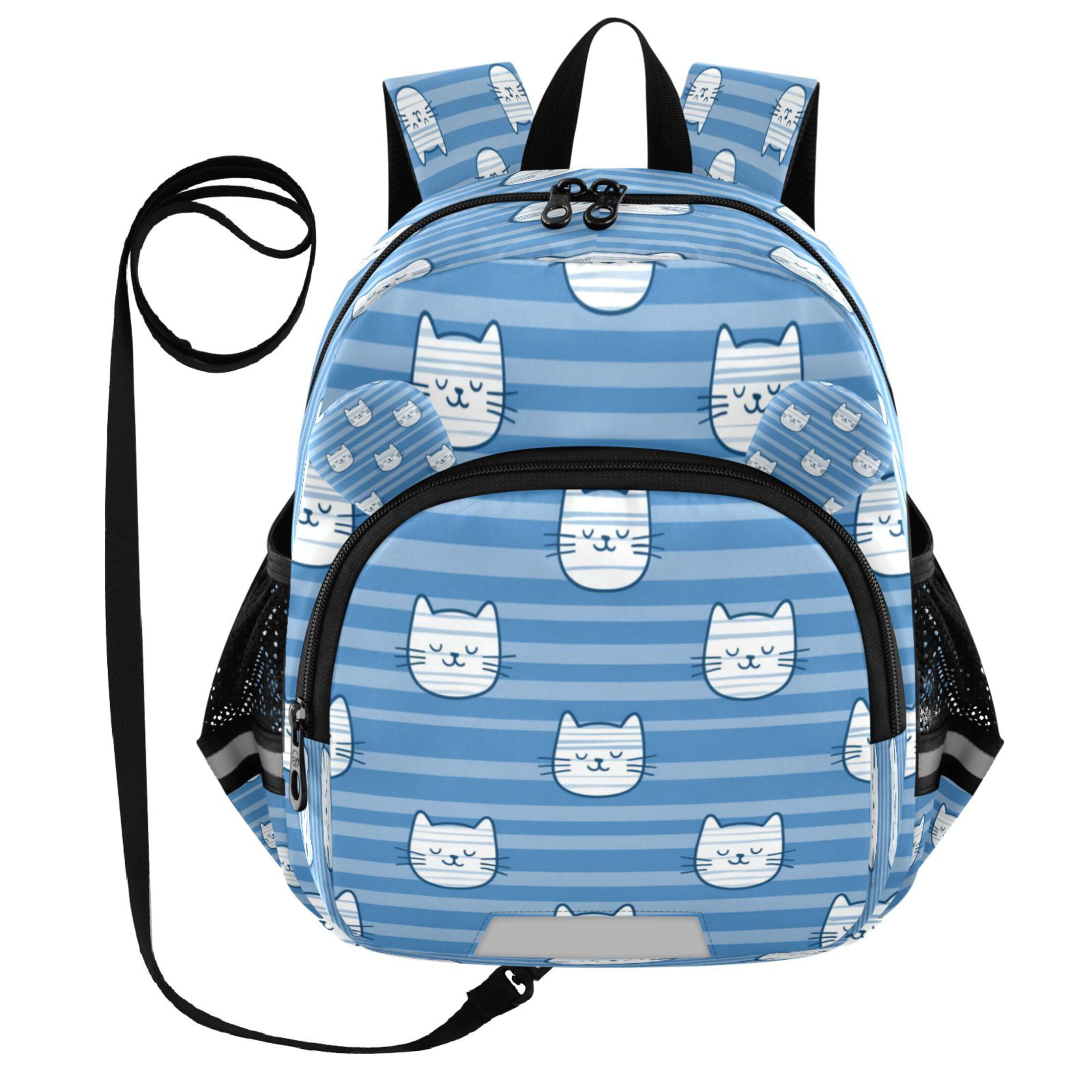 RMDQTR Adorable Ear-Print Backpack with Reflective Strip and Anti-Lost Leash Adjustable Shoulder Straps Mini Travel Backpack Cartoon Cat Face Pattern
