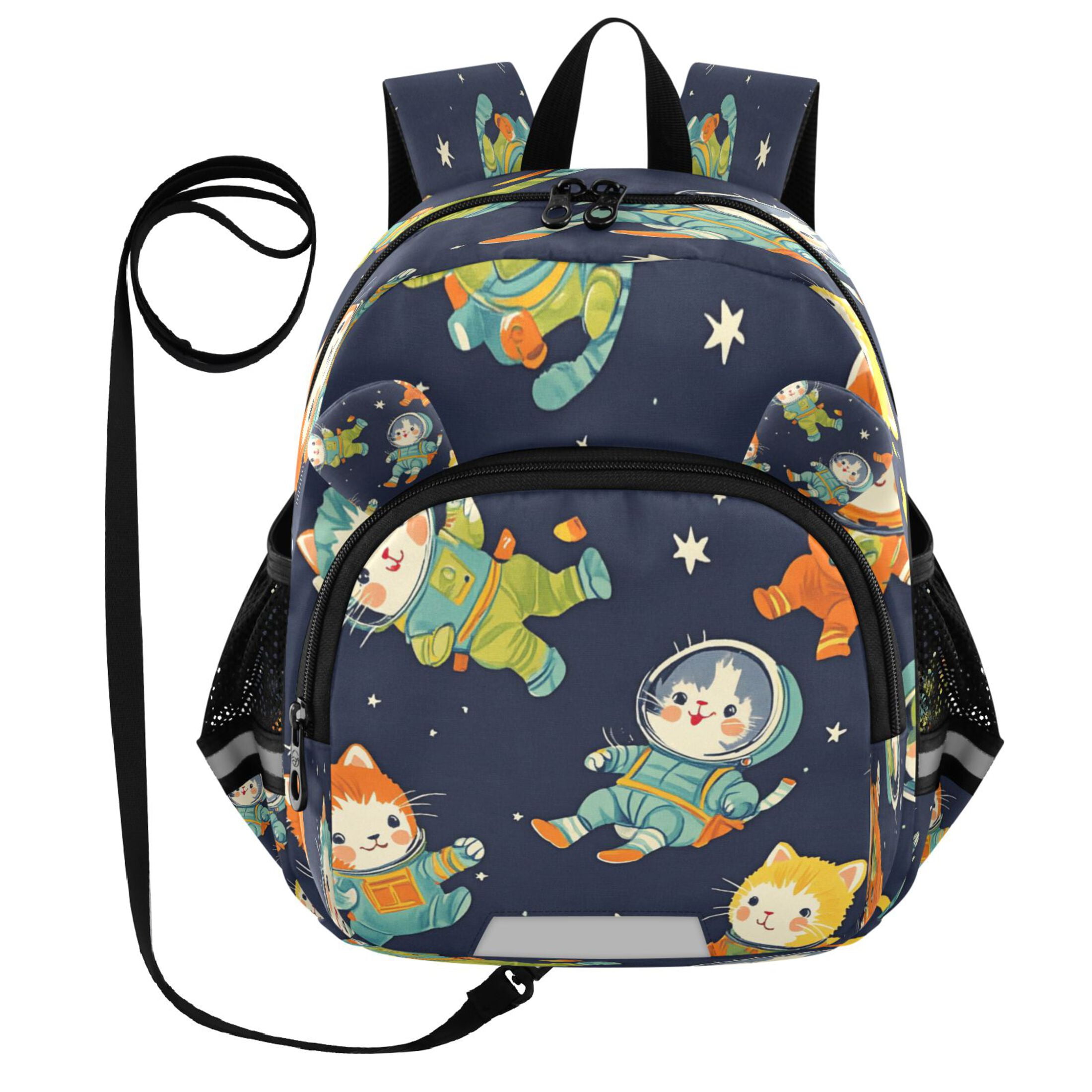 RMDQTR Adorable Ear-Print Backpack with Reflective Strip and Anti-Lost Leash Adjustable Shoulder Straps Mini Travel Backpack Cartoon Cats in Space