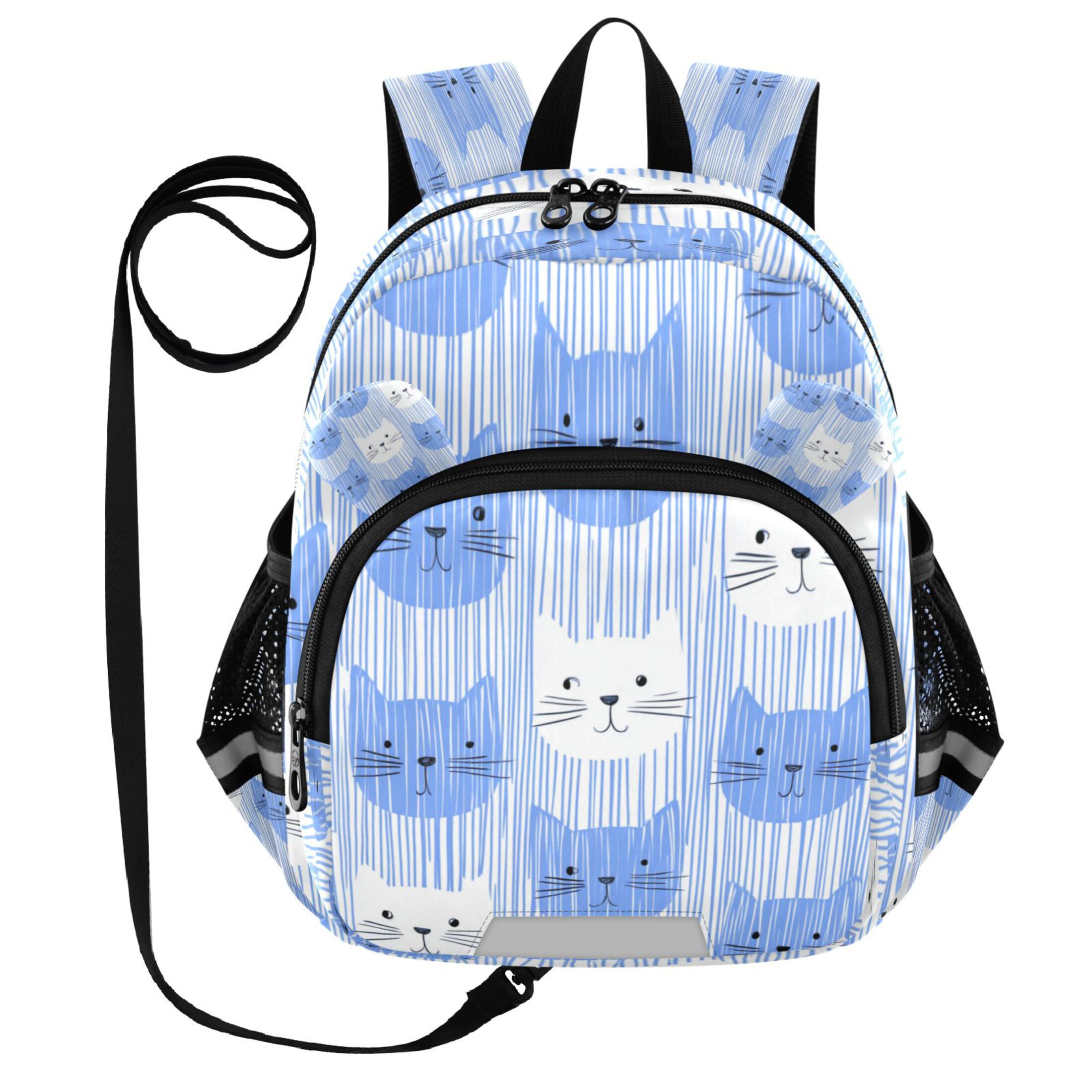 RMDQTR Adorable Ear-Print Backpack with Reflective Strip and Anti-Lost Leash Adjustable Shoulder Straps Mini Travel Backpack Cat Faces Blue White