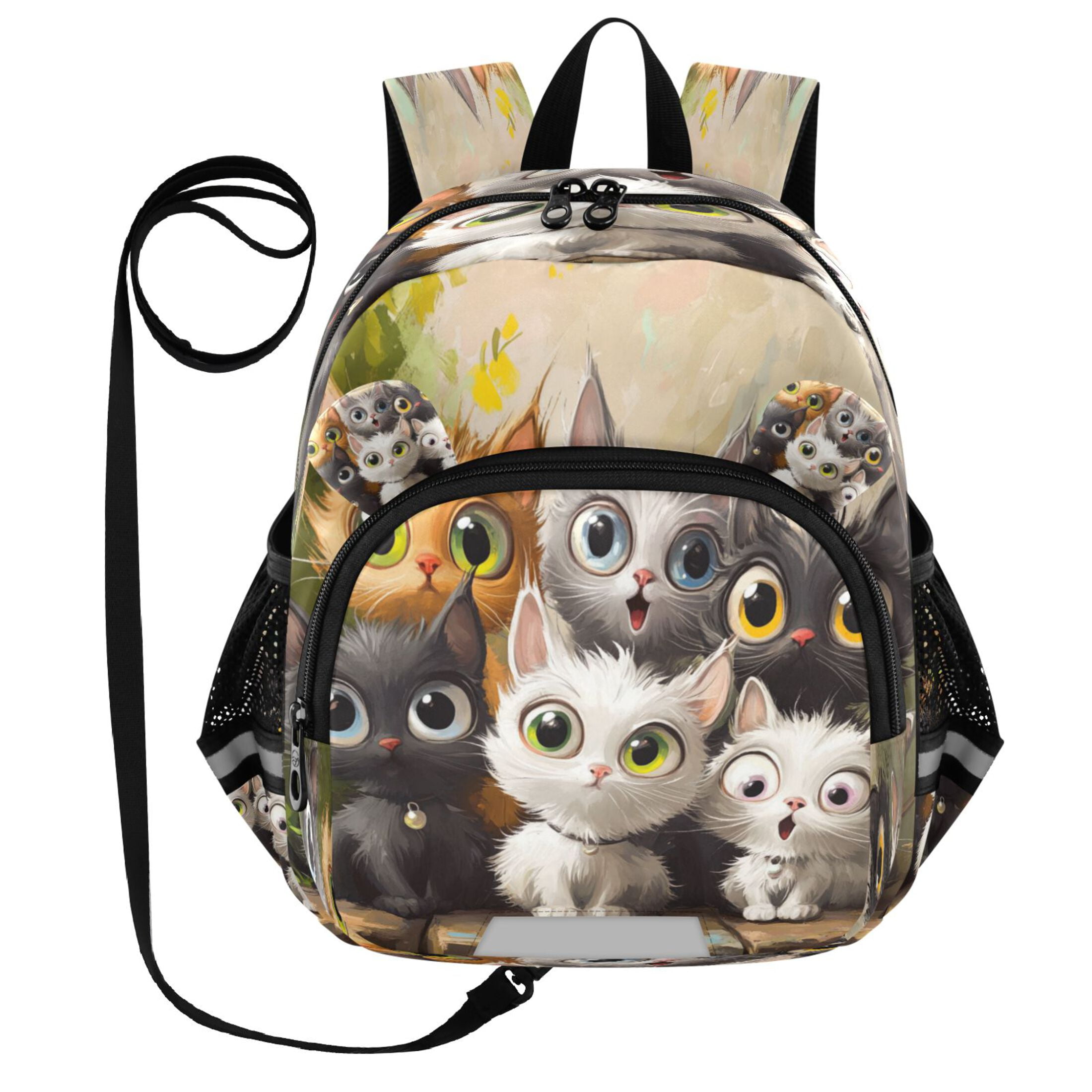 RMDQTR Adorable Ear-Print Backpack with Reflective Strip and Anti-Lost Leash Adjustable Shoulder Straps Mini Travel Backpack Cats with Big Eyes
