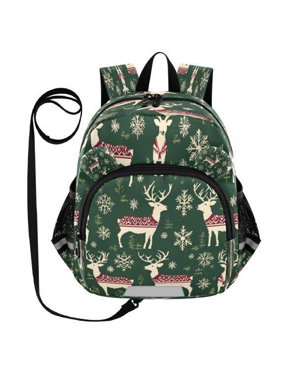 Adorable Ear-Print Backpack with Reflective Strip and Anti-Lost Leash Adjustable Shoulder Straps Mini Travel Backpack Christmas Style Deers