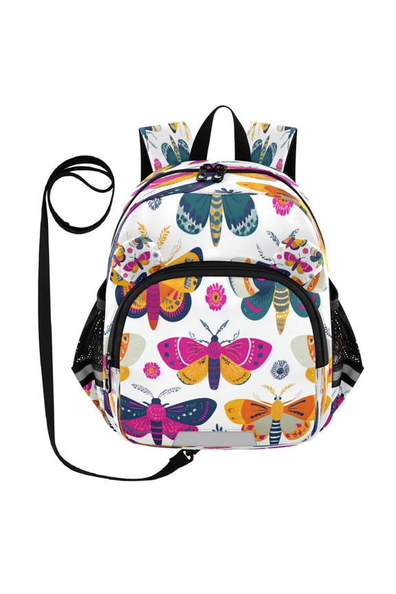 Adorable Ear-Print Backpack with Reflective Strip and Anti-Lost Leash Adjustable Shoulder Straps Mini Travel Backpack Colorful Moths
