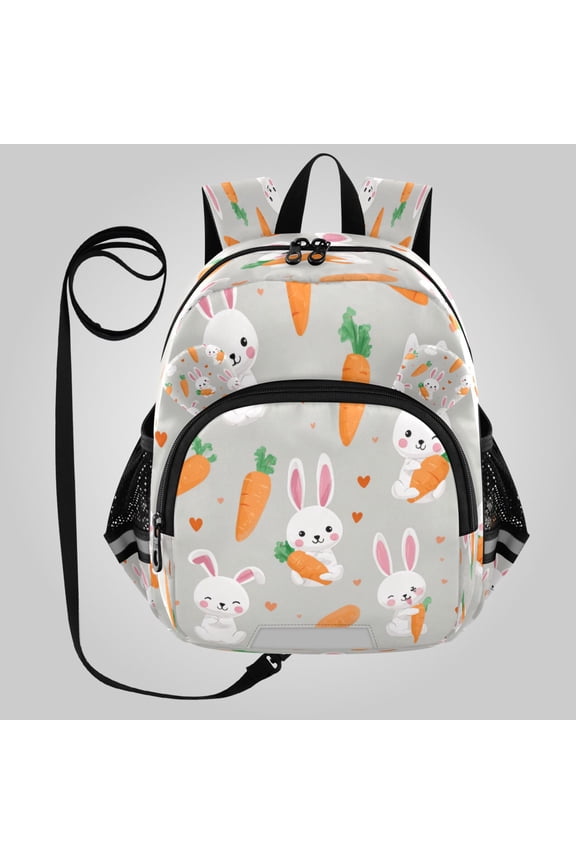 Adorable Ear-Print Backpack with Reflective Strip and Anti-Lost Leash Adjustable Shoulder Straps Mini Travel Backpack Cute Bunny Carrot Print