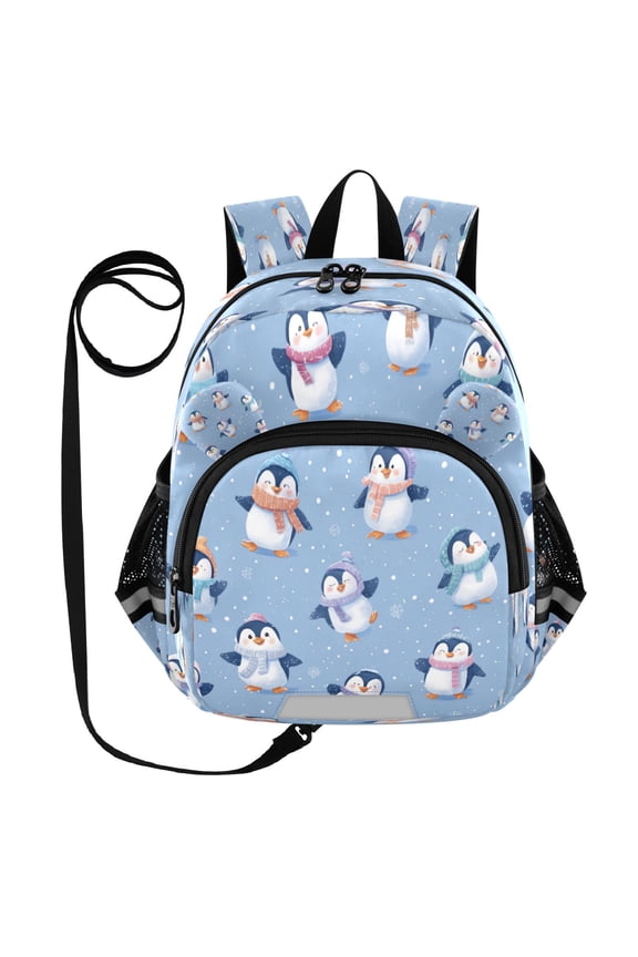 Adorable Ear-Print Backpack with Reflective Strip and Anti-Lost Leash Adjustable Shoulder Straps Mini Travel Backpack Cute Cartoon Penguins