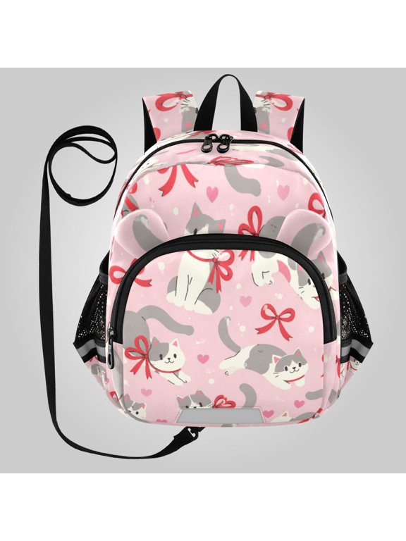 Adorable Ear-Print Backpack with Reflective Strip and Anti-Lost Leash Adjustable Shoulder Straps Mini Travel Backpack Cute Cat Bow Tie Pattern