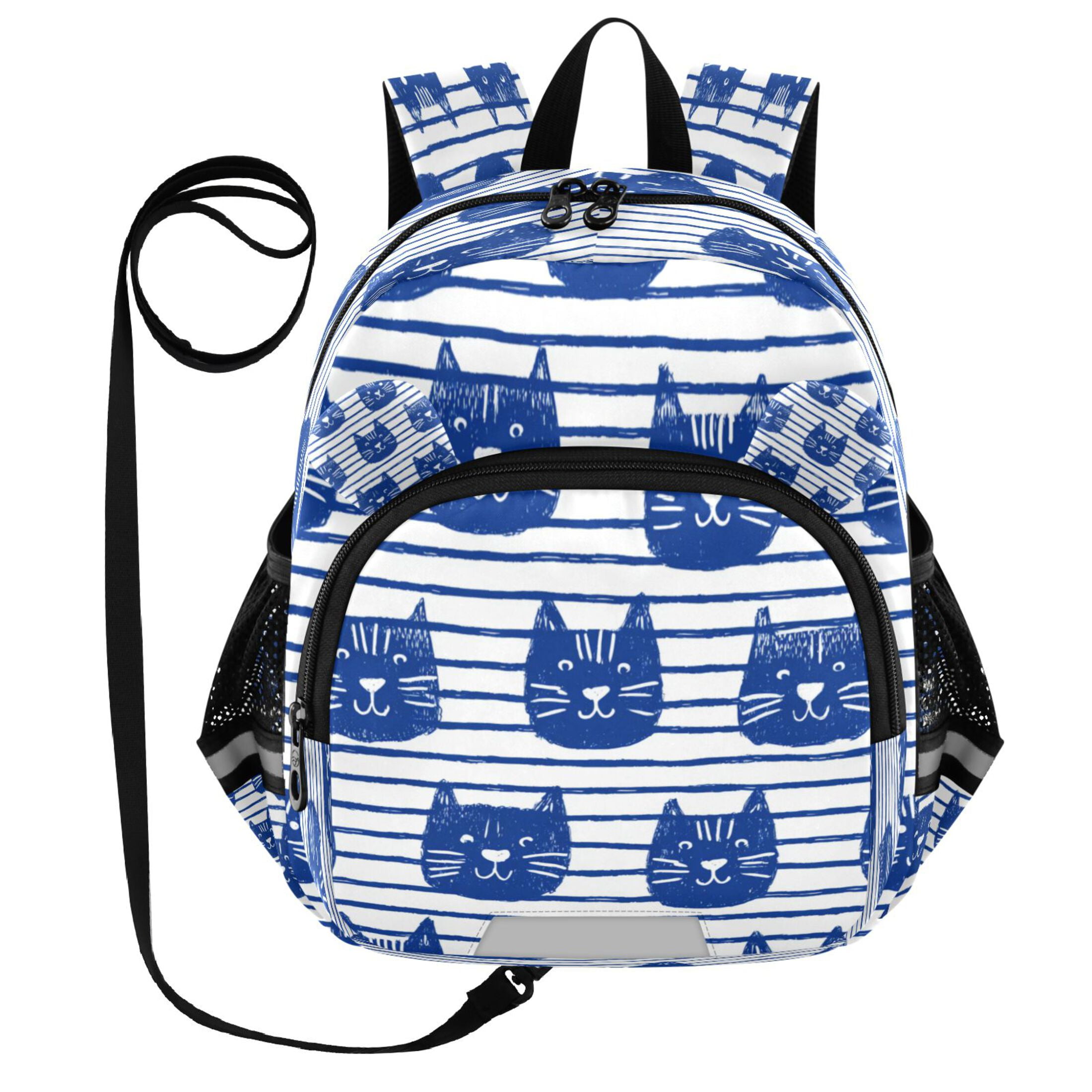 RMDQTR Adorable Ear-Print Backpack with Reflective Strip and Anti-Lost Leash Adjustable Shoulder Straps Mini Travel Backpack Cute Cat Faces in Blue