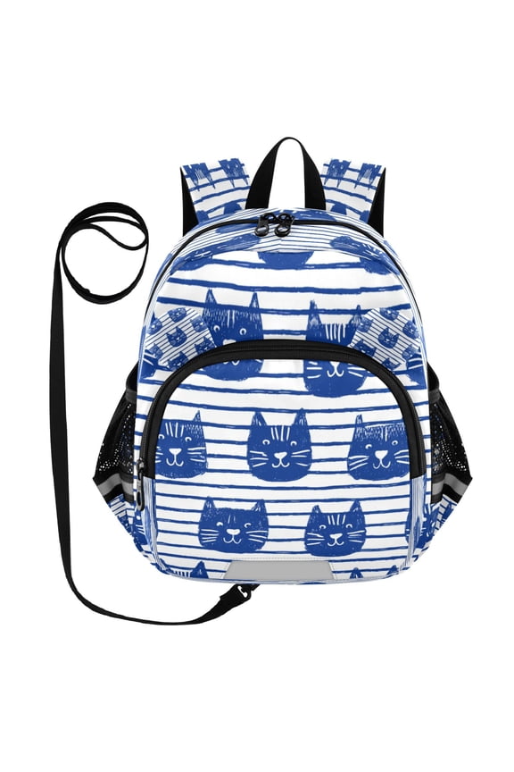 Adorable Ear-Print Backpack with Reflective Strip and Anti-Lost Leash Adjustable Shoulder Straps Mini Travel Backpack Cute Cat Faces in Blue