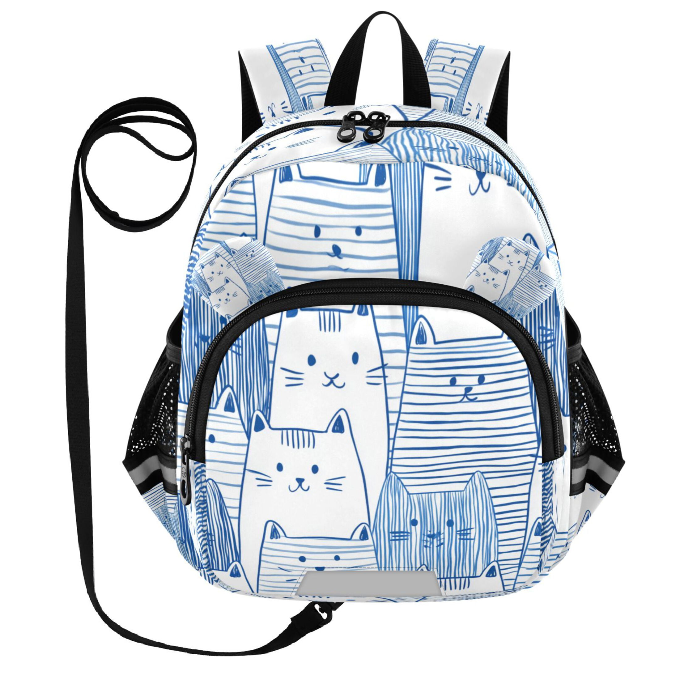 RMDQTR Adorable Ear-Print Backpack with Reflective Strip and Anti-Lost Leash Adjustable Shoulder Straps Mini Travel Backpack Cute Cat in Blue