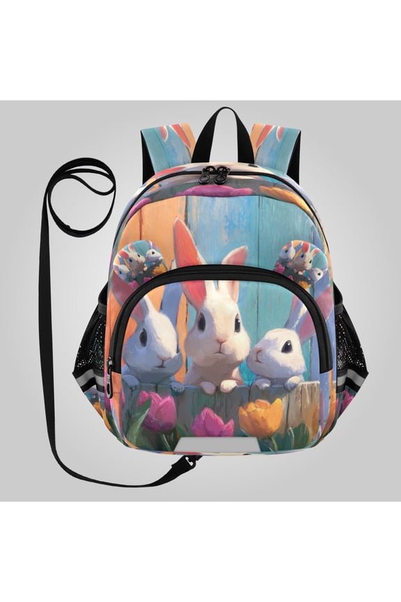 Adorable Ear-Print Backpack with Reflective Strip and Anti-Lost Leash Adjustable Shoulder Straps Mini Travel Backpack Cute Colorful Bunnies