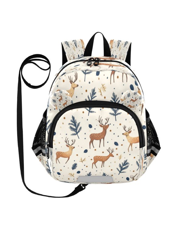 Adorable Ear-Print Backpack with Reflective Strip and Anti-Lost Leash Adjustable Shoulder Straps Mini Travel Backpack Cute Deer with Leaves
