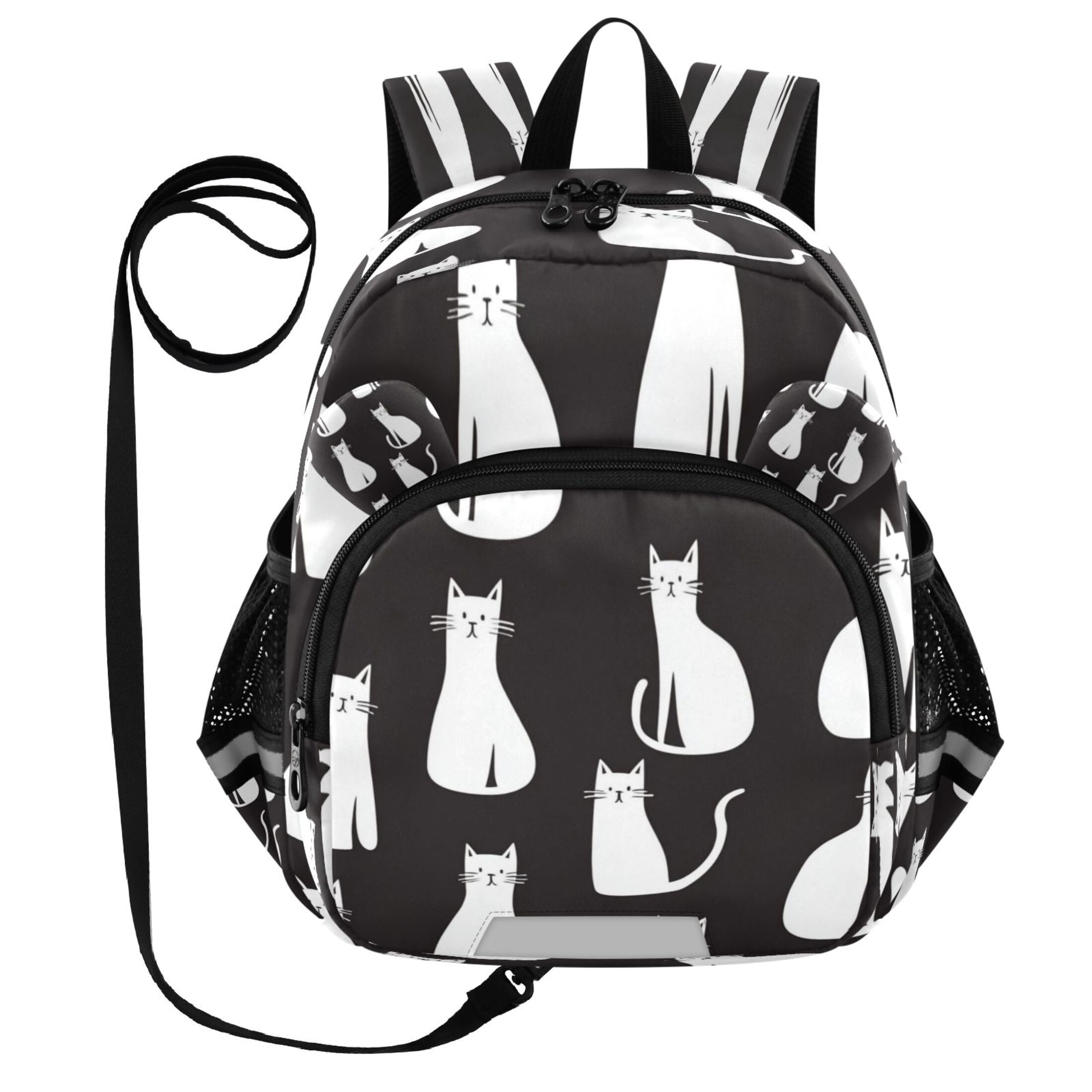 RMDQTR Adorable Ear-Print Backpack with Reflective Strip and Anti-Lost Leash Adjustable Shoulder Straps Mini Travel Backpack Cute White Cats
