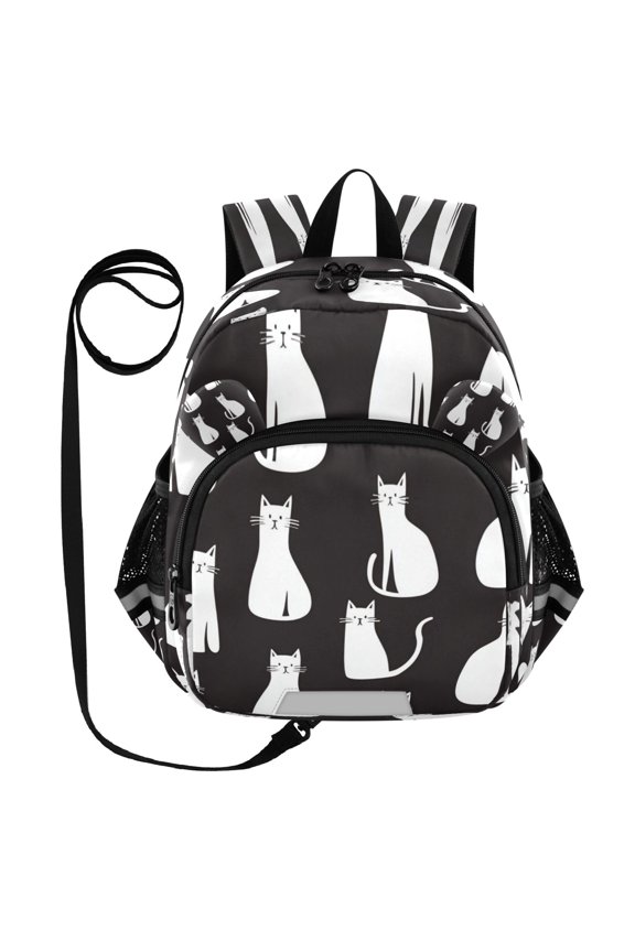 Adorable Ear-Print Backpack with Reflective Strip and Anti-Lost Leash Adjustable Shoulder Straps Mini Travel Backpack Cute White Cats