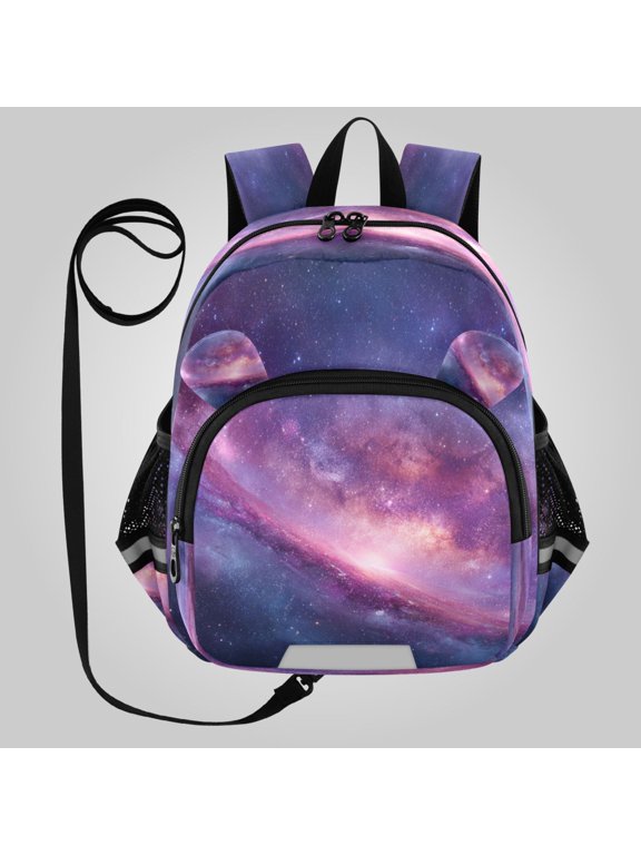 Adorable Ear-Print Backpack with Reflective Strip and Anti-Lost Leash Adjustable Shoulder Straps Mini Travel Backpack Fluffy Stardust Galaxy