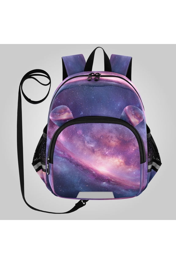Adorable Ear-Print Backpack with Reflective Strip and Anti-Lost Leash Adjustable Shoulder Straps Mini Travel Backpack Fluffy Stardust Galaxy