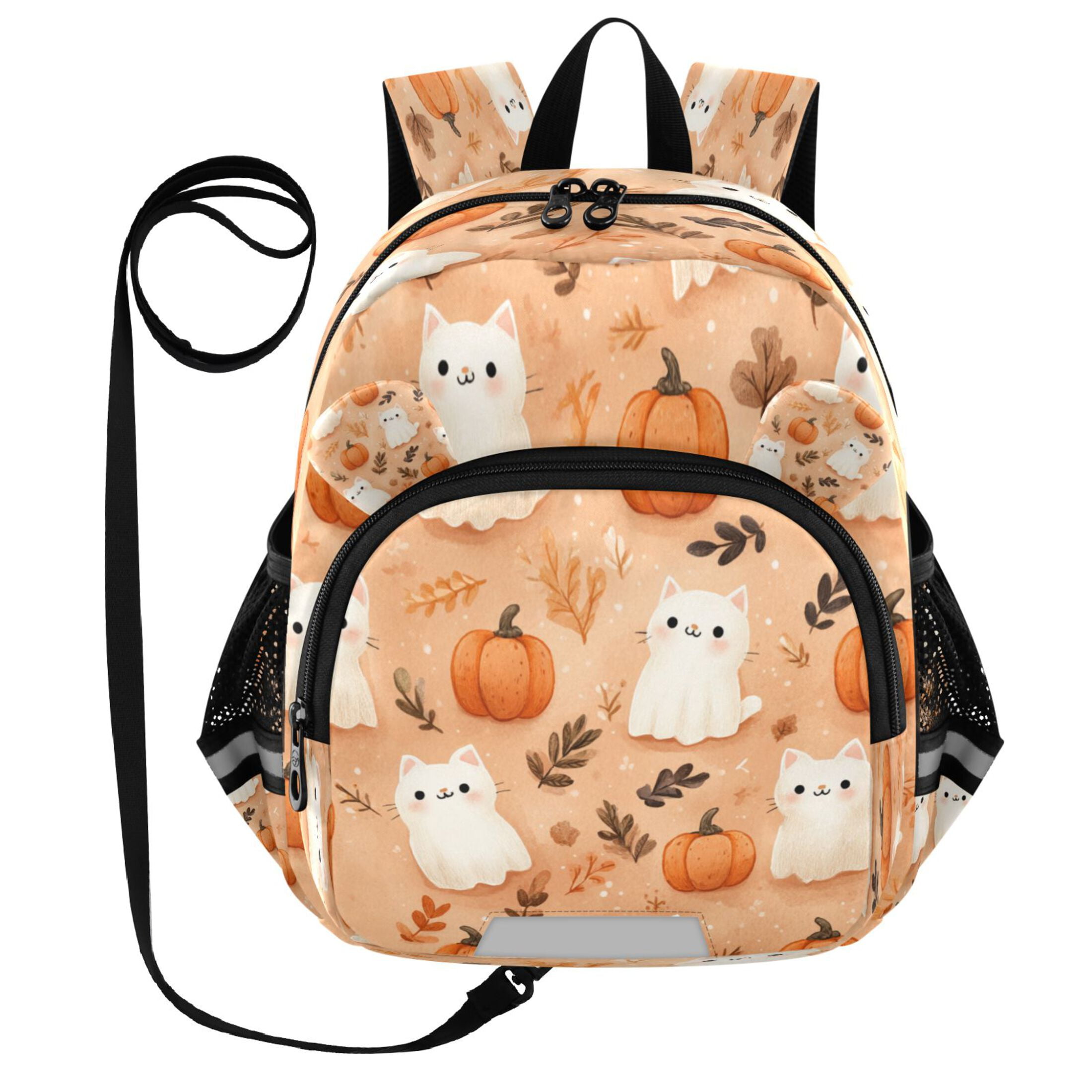 RMDQTR Adorable Ear-Print Backpack with Reflective Strip and Anti-Lost Leash Adjustable Shoulder Straps Mini Travel Backpack Ghost White Cats