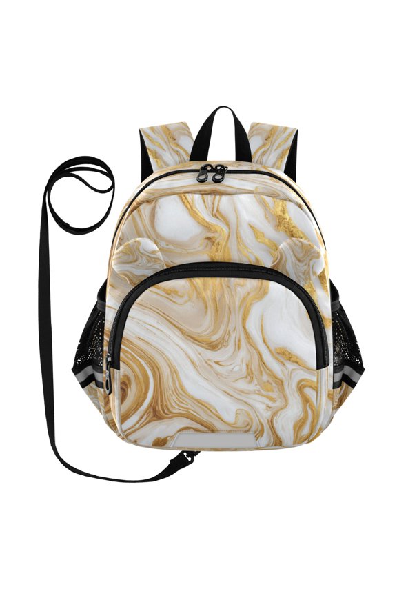 Adorable Ear-Print Backpack with Reflective Strip and Anti-Lost Leash Adjustable Shoulder Straps Mini Travel Backpack Golden Curved Marble