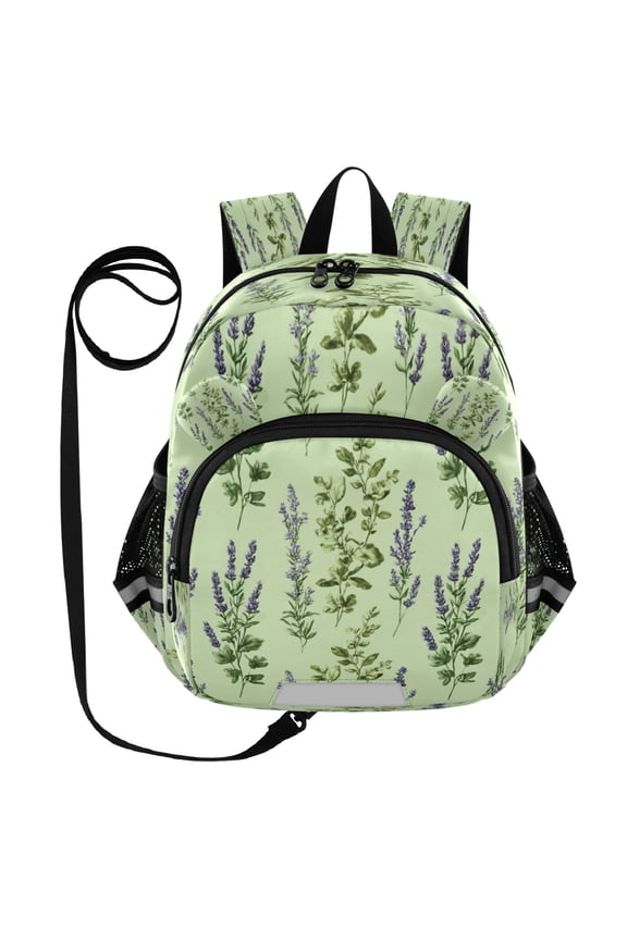 Adorable Ear-Print Backpack with Reflective Strip and Anti-Lost Leash Adjustable Shoulder Straps Mini Travel Backpack Green and Lavender Herbs