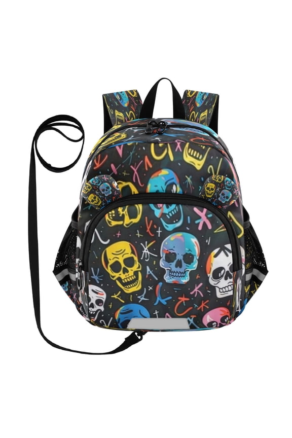 Adorable Ear-Print Backpack with Reflective Strip and Anti-Lost Leash Adjustable Shoulder Straps Mini Travel Backpack Happy Skull Pattern