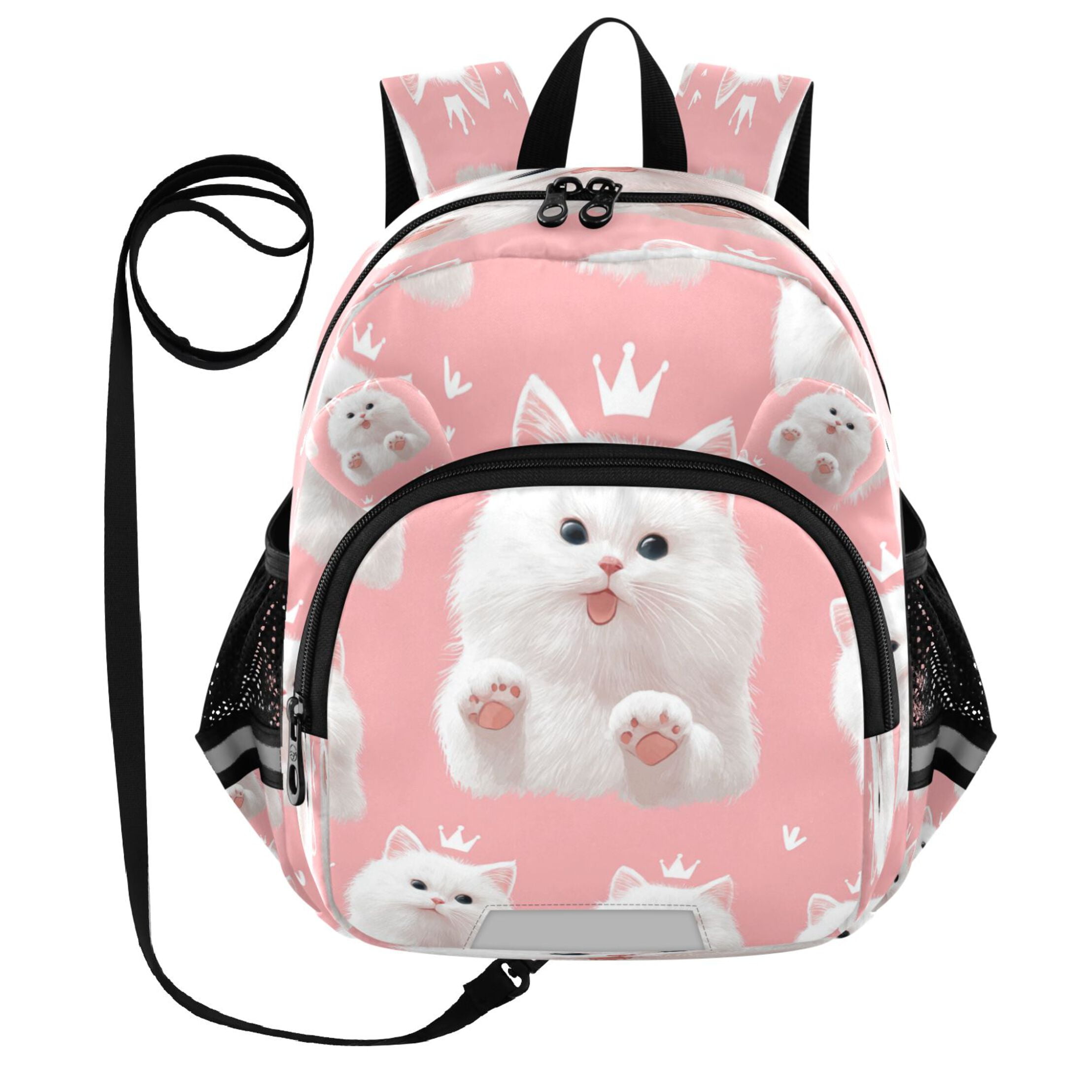 RMDQTR Adorable Ear-Print Backpack with Reflective Strip and Anti-Lost Leash Adjustable Shoulder Straps Mini Travel Backpack Happy White Cat Face