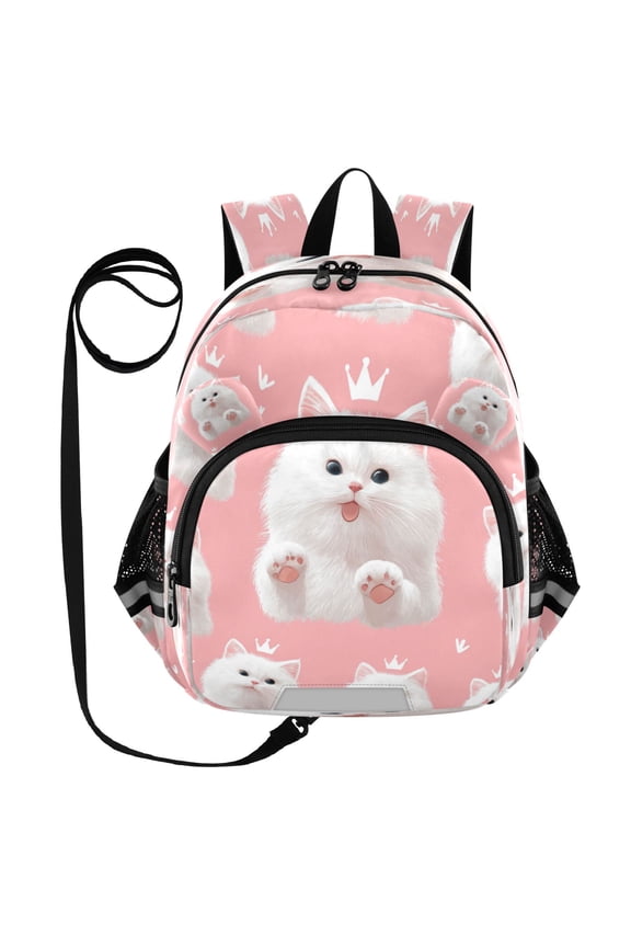 Adorable Ear-Print Backpack with Reflective Strip and Anti-Lost Leash Adjustable Shoulder Straps Mini Travel Backpack Happy White Cat Face