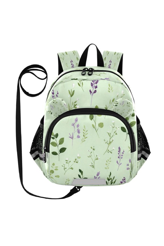 Adorable Ear-Print Backpack with Reflective Strip and Anti-Lost Leash Adjustable Shoulder Straps Mini Travel Backpack Herbs and Floral Pattern
