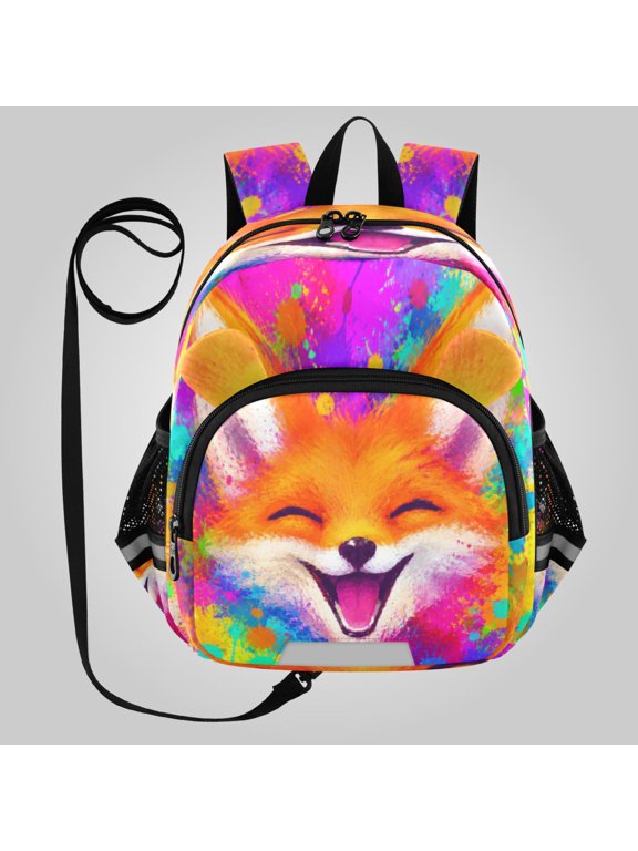 Adorable Ear-Print Backpack with Reflective Strip and Anti-Lost Leash Adjustable Shoulder Straps Mini Travel Backpack Joyful Fox Splatter Art