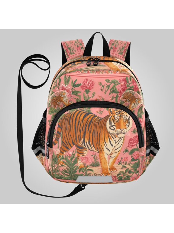 Adorable Ear-Print Backpack with Reflective Strip and Anti-Lost Leash Adjustable Shoulder Straps Mini Travel Backpack Jungle Tiger Tapestry