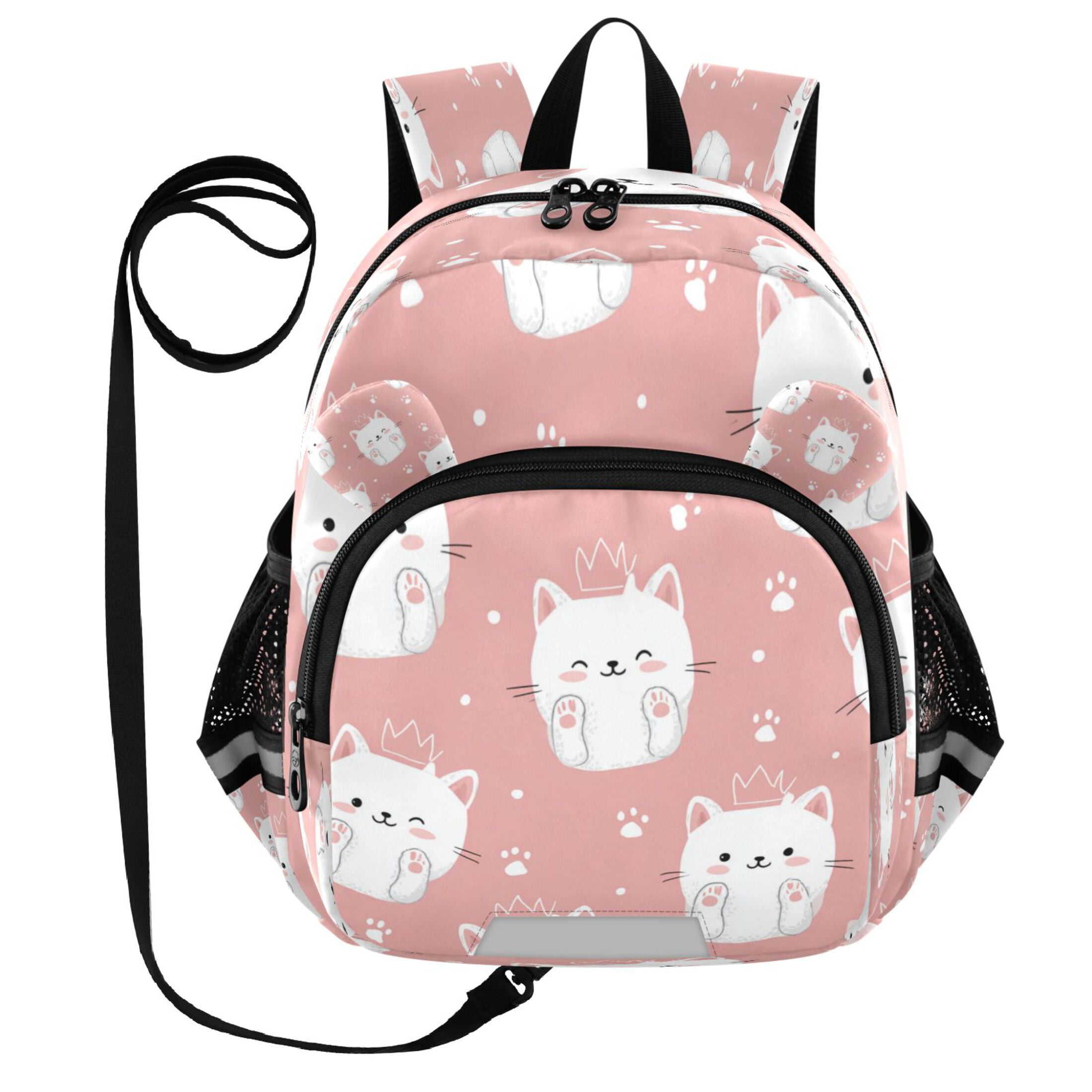 RMDQTR Adorable Ear-Print Backpack with Reflective Strip and Anti-Lost Leash Adjustable Shoulder Straps Mini Travel Backpack Kawaii White Cats