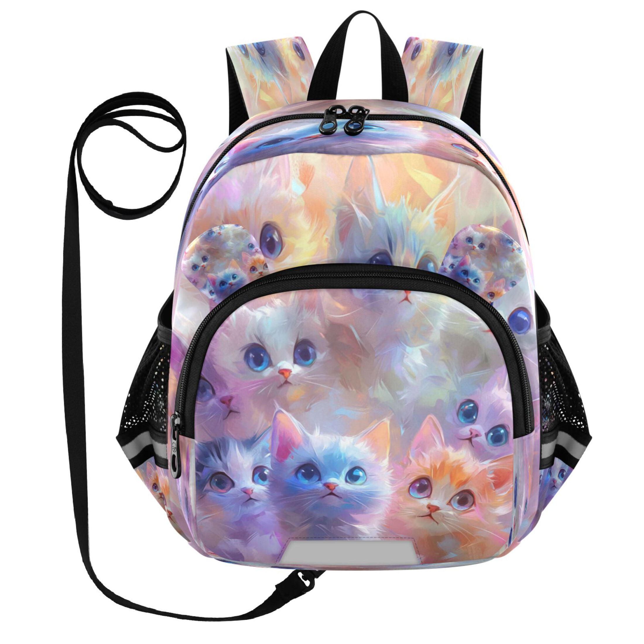RMDQTR Adorable Ear-Print Backpack with Reflective Strip and Anti-Lost Leash Adjustable Shoulder Straps Mini Travel Backpack Lovely Cartoon Cats