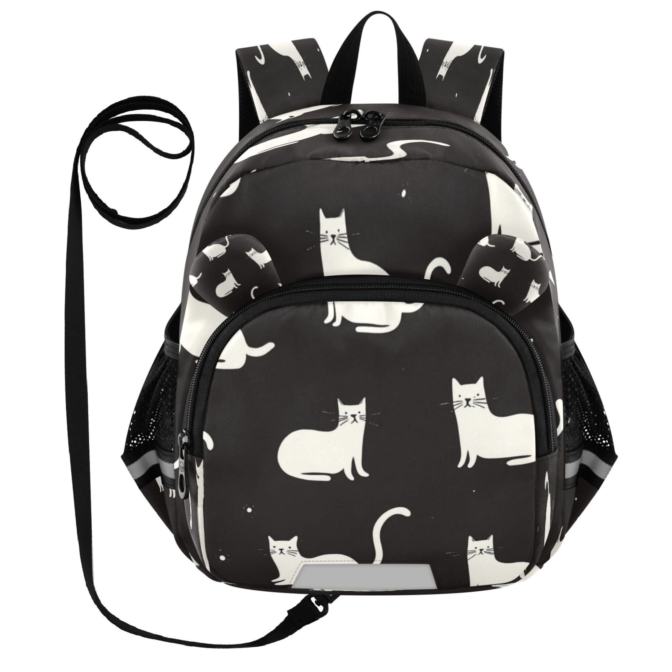 RMDQTR Adorable Ear-Print Backpack with Reflective Strip and Anti-Lost Leash Adjustable Shoulder Straps Mini Travel Backpack Lovely White Cats