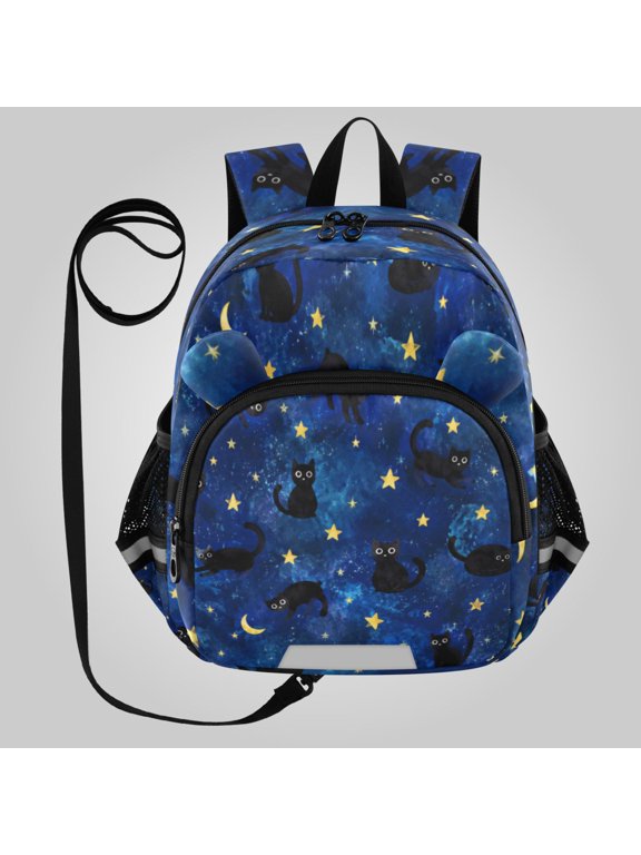 Adorable Ear-Print Backpack with Reflective Strip and Anti-Lost Leash Adjustable Shoulder Straps Mini Travel Backpack Night Sky Cat Pattern