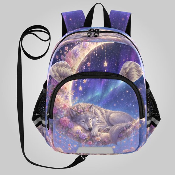 RMDQTR Adorable Ear-Print Backpack with Reflective Strip and Anti-Lost Leash Adjustable Shoulder Straps Mini Travel Backpack Night Sky Wolf Pattern