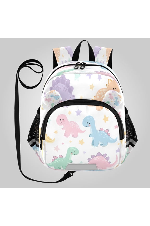 Adorable Ear-Print Backpack with Reflective Strip and Anti-Lost Leash Adjustable Shoulder Straps Mini Travel Backpack Pastel Tone Dino Pattern