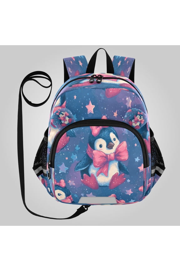 Adorable Ear-Print Backpack with Reflective Strip and Anti-Lost Leash Adjustable Shoulder Straps Mini Travel Backpack Penguins with Pink Bows