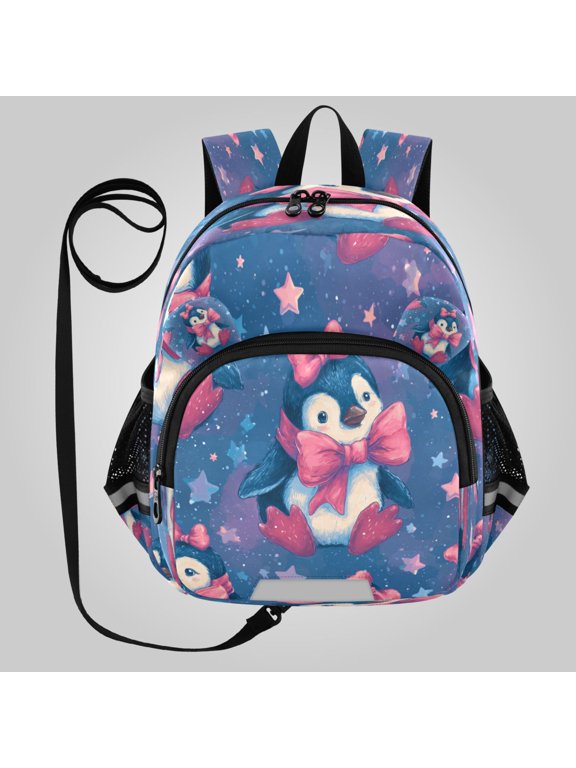Adorable Ear-Print Backpack with Reflective Strip and Anti-Lost Leash Adjustable Shoulder Straps Mini Travel Backpack Penguins with Pink Bows