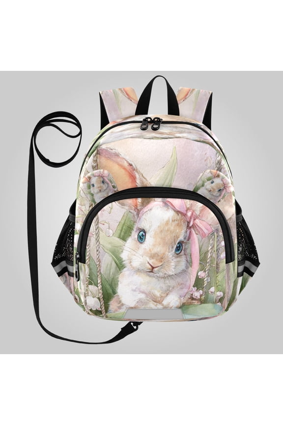 Adorable Ear-Print Backpack with Reflective Strip and Anti-Lost Leash Adjustable Shoulder Straps Mini Travel Backpack Pink Bow Bunny Art