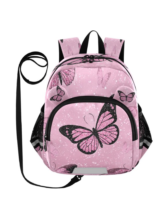 Adorable Ear-Print Backpack with Reflective Strip and Anti-Lost Leash Adjustable Shoulder Straps Mini Travel Backpack Pink Sequin Butterfly