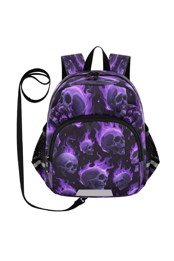 Adorable Ear-Print Backpack with Reflective Strip and Anti-Lost Leash Adjustable Shoulder Straps Mini Travel Backpack Purple Qi Skeleton