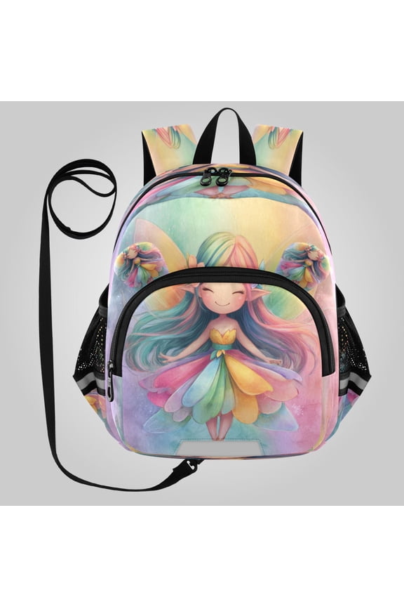 Adorable Ear-Print Backpack with Reflective Strip and Anti-Lost Leash Adjustable Shoulder Straps Mini Travel Backpack Rainbow Winged Fairy