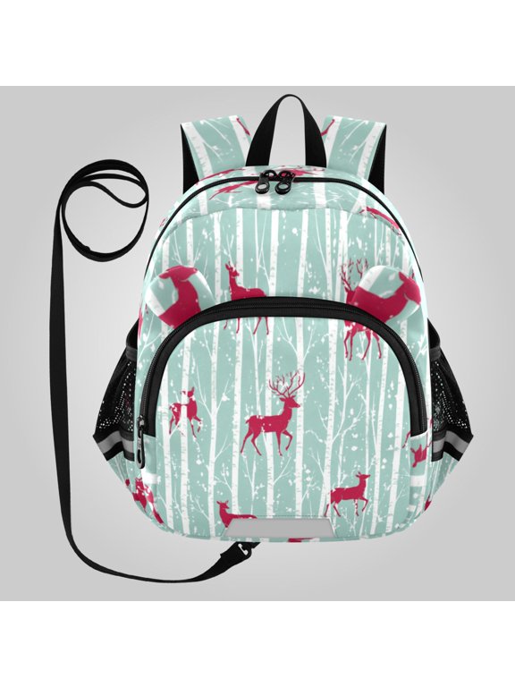 Adorable Ear-Print Backpack with Reflective Strip and Anti-Lost Leash Adjustable Shoulder Straps Mini Travel Backpack Red Deer Forest Pattern