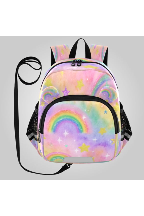 Adorable Ear-Print Backpack with Reflective Strip and Anti-Lost Leash Adjustable Shoulder Straps Mini Travel Backpack Sparkle Rainbow Design