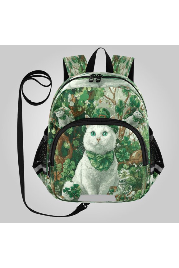 Adorable Ear-Print Backpack with Reflective Strip and Anti-Lost Leash Adjustable Shoulder Straps Mini Travel Backpack St. Patrick’s Day Cat