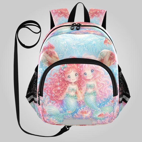 RMDQTR Adorable Ear-Print Backpack with Reflective Strip and Anti-Lost Leash Adjustable Shoulder Straps Mini Travel Backpack Twin Little Mermaids Art