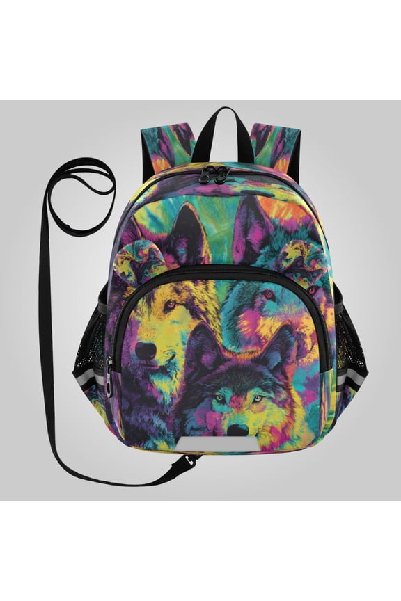 Adorable Ear-Print Backpack with Reflective Strip and Anti-Lost Leash Adjustable Shoulder Straps Mini Travel Backpack Vibrant Wolf Tie-dye
